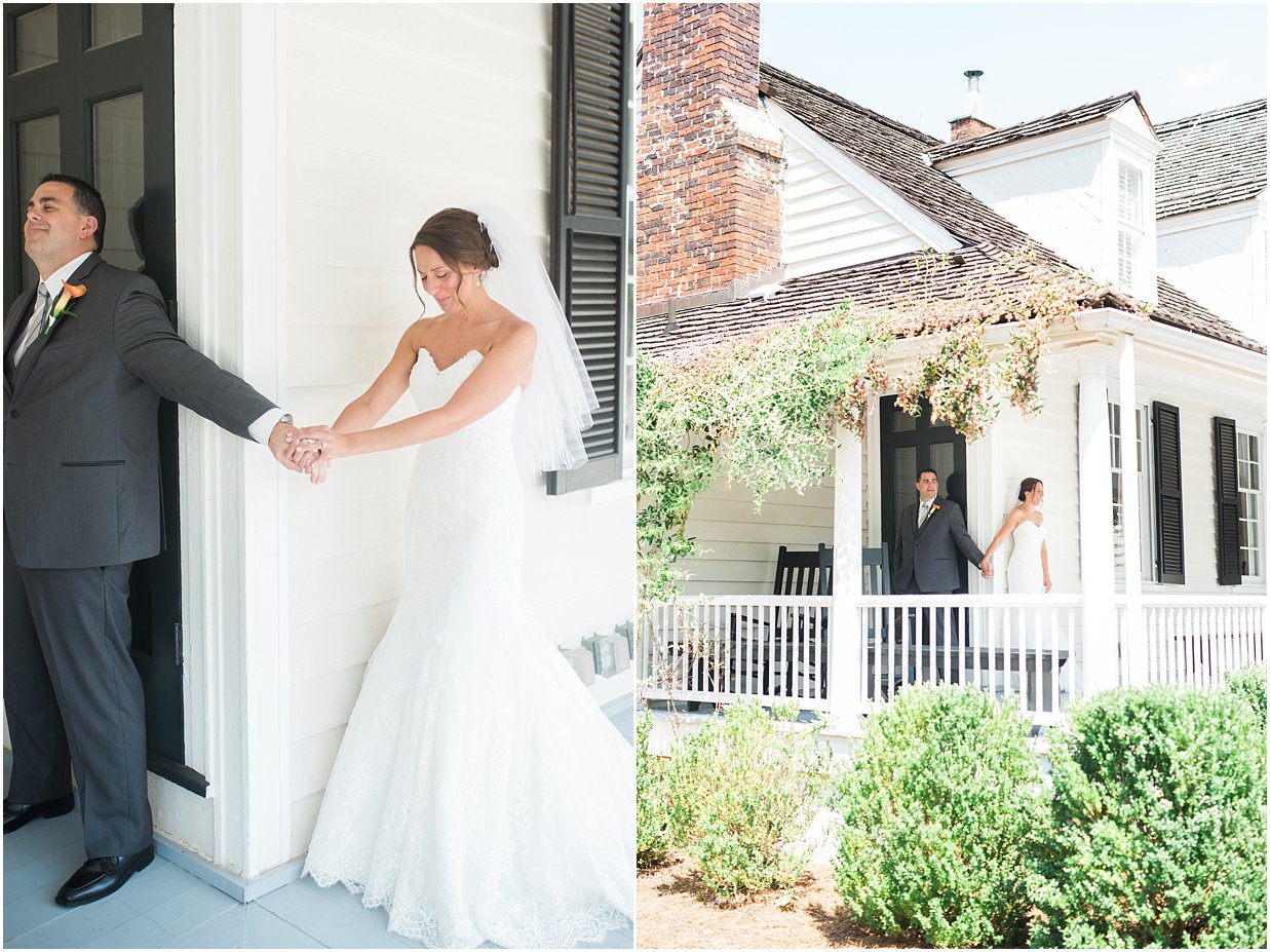 bride and groom holding hands through the door